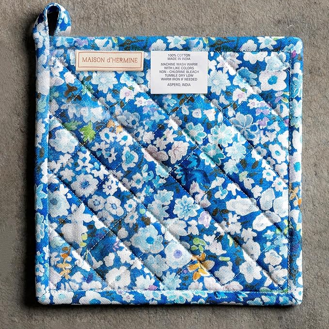 Maison d' Hermine Pot Holders 100% Cotton Heat Resistant Potholders 8" x 8" Hot Pads with Loop BBQ Cooking Baking Gifts for Mothers Day Handling Hot Pans Spring/Summer (Pack of 1, Summer Blues)
