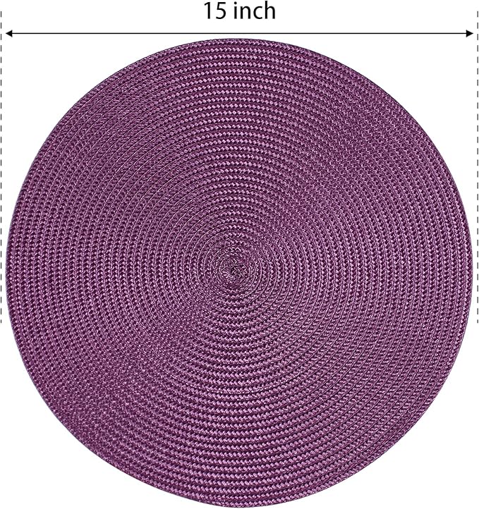 FunWheat Round Braided Placemats Set of 6 Table Mats for Dining Tables Woven Washable Non-Slip Place mats 15 inch(Purple, 6pcs)