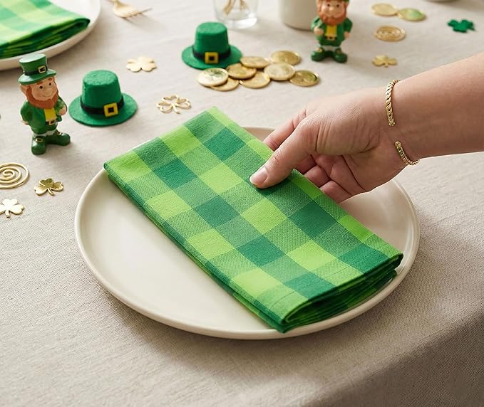 PurpleEssences Buffalo Plaid Cloth Napkins - Mitered Corners - St Patricks Day Summer - Gingham Check Dinner Napkin - Set of 12-100% Cotton - 18x18 Inch - Reusable Washable - St Patricks Green