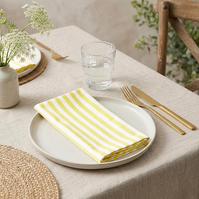 PurpleEssences Plain Striped Cloth Napkins - Set of 12-100% Cotton - 18 x 18 Inch - Spring Easter Summer and Perfect Everyday Use Dinner Napkin - Yellow and White