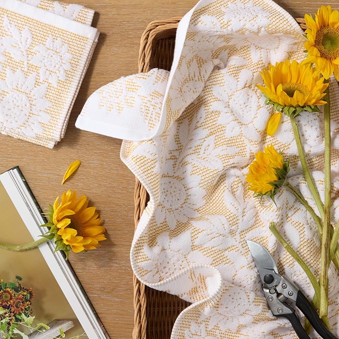 Martha Stewart Woodland Harvest Jacquard Sunflowers Kitchen Towel 2-Pack Set, 100% Cotton with Absorbent Honeycomb Texture, Decorative Kitchen Towels, Yellow, 16"X28"