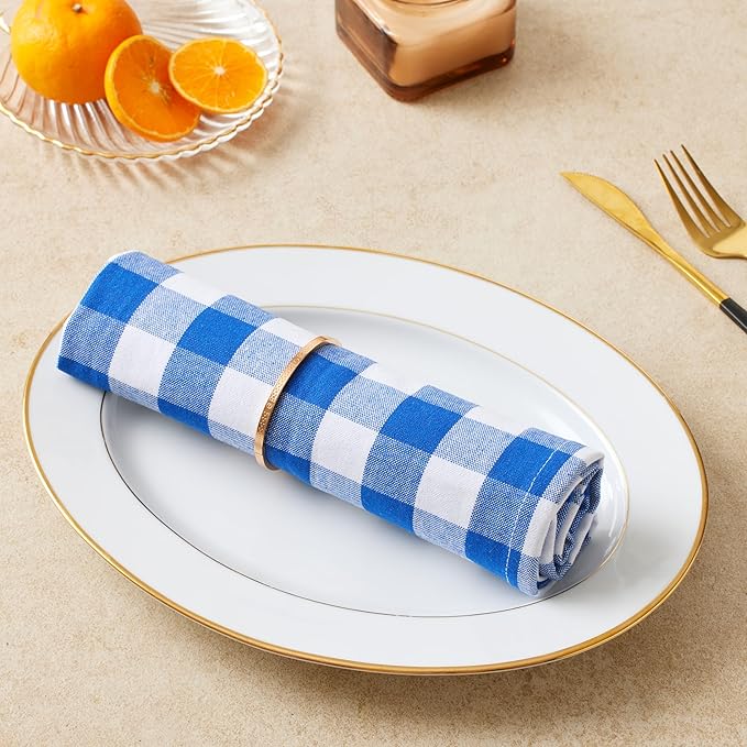 Cloth Napkins Set of 12, 100% Cotton Dinner Napkins 18x18 Inch, Soft Absorbent Gingham Check Napkin for Restaurant, Table Décor, Reusable Washable for Everyday Use - Blue/White
