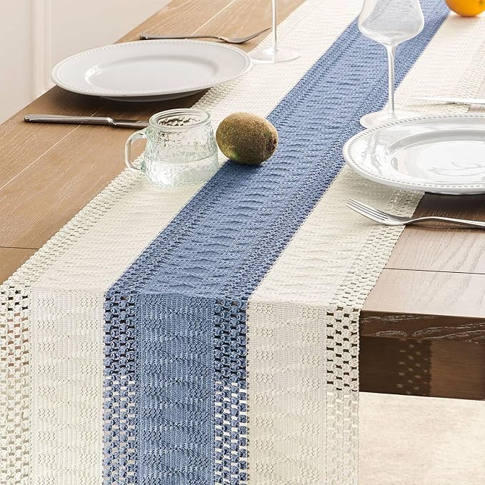 ZeeMart Macrame Style Bicolor Stitching Table Runner, 14 x 60 Inch Blue/Ivory, Boho Blue Table Runners 60 Inches Long, Farmhouse Woven Home Decor