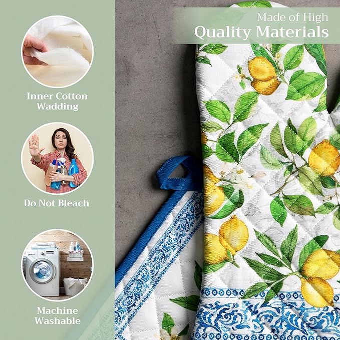 Maison d' Hermine 100% Cotton Oven Mitt & Pot Holder Set (7.5"x13" & 8"x8") Heat Resistant BBQ Cooking Gloves with Loop Baking Grilling Kitchen Gifts for Mothers Day Spring/Summer (Cedrat)