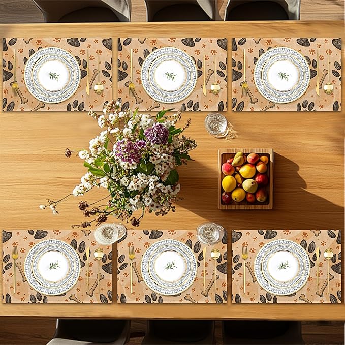 Dog Paws Placemats Set of 6,Bones Table Mates Non-Slip Heat Resistant Washable Linen Place Mats for Party Kitchen Dining Decoration Indoor Outdoor 12"x18"