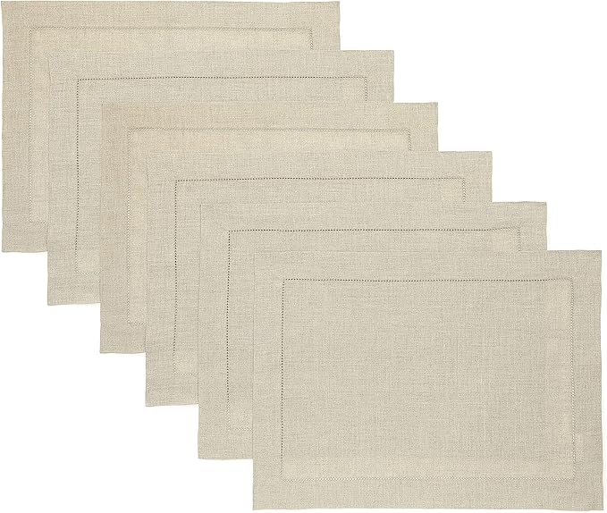 Solino Home Linen Placemats Set of 6 - Classic Hemstitch Natural Placemats 14 x 19 Inch - 100% Pure Linen Table Mats for Spring, Summer, Mothers Day