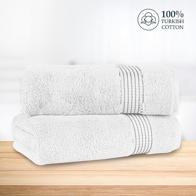 Mocassi Luxury 100% Turkish Cotton 2-Pack Bath Towel Set- Ultra Soft, Quick Dry Highly Absorbent 27 x 54 inch Premium Spa Hotel Quality 2PC Bath Towels - Luxurious Soft Bathroom Towels, White/Gray
