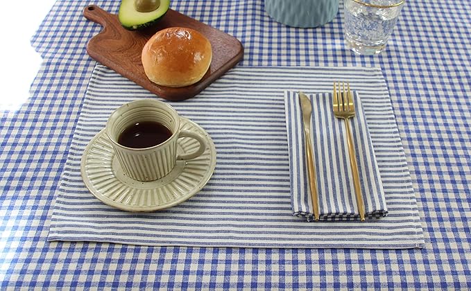 Plain Striped Cotton Linen Blended Dinner Cloth Napkins - Set of 12 (40 x 30 cm) - for Events & Home Use (Blue)