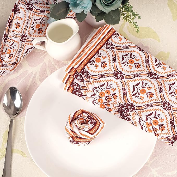 FINGERCRAFT Cloth Napkins, Set of 12 Cotton Linen Blend Printed Dinner Napkins Cloth Mitered Corner Perfect for Parties Dinners Weddings Cocktail Christmas Easter 20x20 Damask Orange
