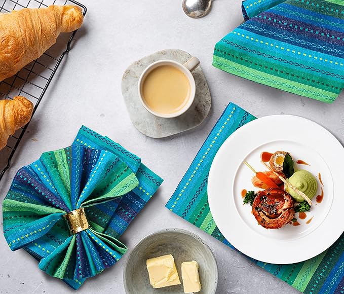 Ramanta Home Salsa Stripe Teal Oversized Cloth Napkins 20x20 Inches, Cotton Soft & Durable Table Napkin Ideal for Weddings, Restaurant, Washable Kitchen Fabric for Everyday Use