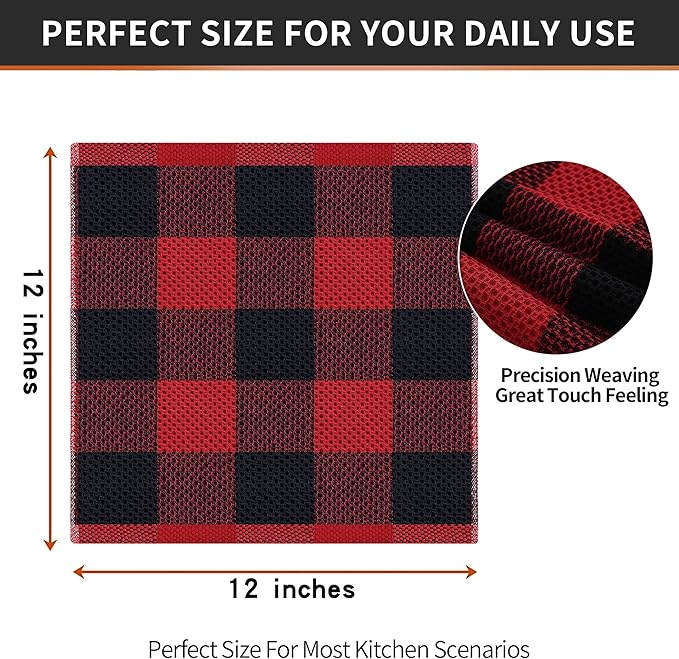 Homaxy 100% Cotton Waffle Weave Check Plaid Dish Cloths, 12 x 12 Inches, Super Soft and Absorbent Dish Towels Quick Drying Dish Rags, 6-Pack, Black & Red
