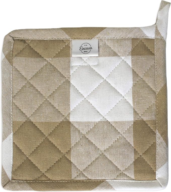 Encasa XO 8 inches Oven Microwave Potholders (2 pc Set) for Kitchen Cooking & Baking - Heat Resistant, Thick & Safe, Protection of Hands from Hot Utensils - Buffalo Beige Checks