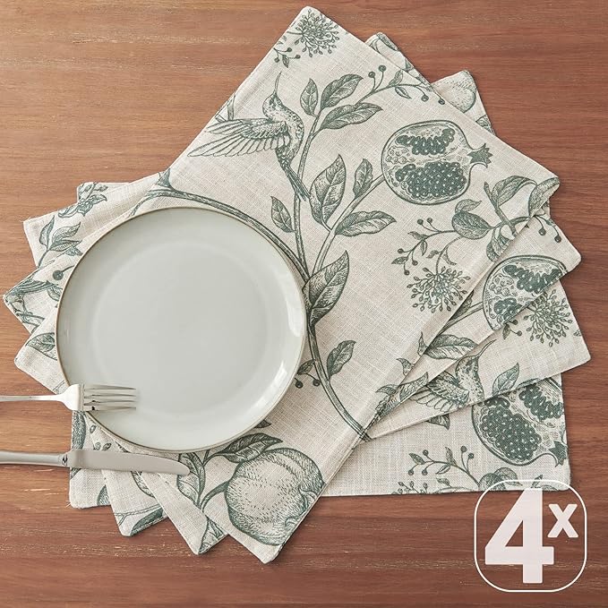 JINCHAN Linen Floral Placemats Set of Cloth Table Mats Rustic Cottagecore Botanical Outdoor Seasonal for Kitchen Dining Decor Heat Resistant Non-Slip Washable Tablemats 13x19 Inch Dark Green