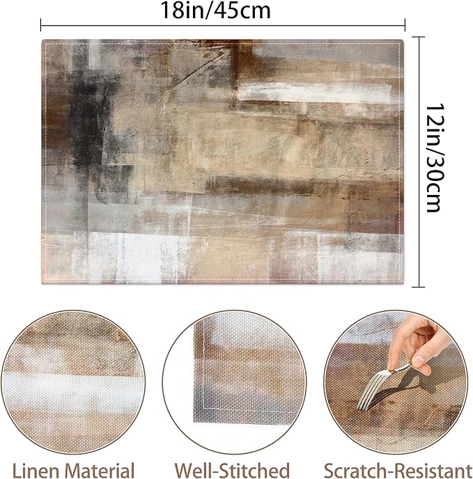 Brown and Gray Placemats Washable, Linen Rectangular Place Mats Set of 4, Dining Table Decor for Living Room, Kitchen, Farmhouse and Outdoor (Brown Grey, 12x18 Inch)