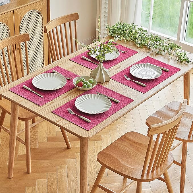 Softalker Faux Linen Placemats Set of 12-12 x 18 Inch, Heat Resistant Double Layered Durable Burlap Farmhouse Place Mats, Non-Slip Washable Rustic Table Mats for Dining, Kitchen, Party（Pink