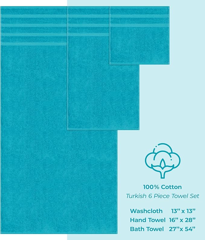 American Soft Linen Luxury 6 Piece Towel Set, 2 Bath Towels 2 Hand Towel 2 Washcloths, 600 GSM 100% Cotton Turkish Towels for Bathroom, Aqua Blue Towel Sets
