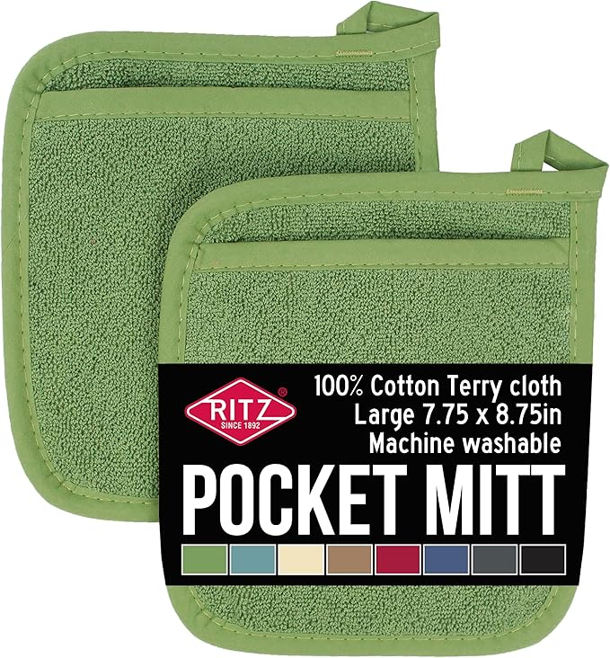 RITZ Terry Pocket Mitt & Hot Pad: Unparalleled Heat Resistant, Durable 100% Cotton – Ergonomically Designed for Optimal Grip – Easy-Care Machine Washable – 2-Pack, Cactus