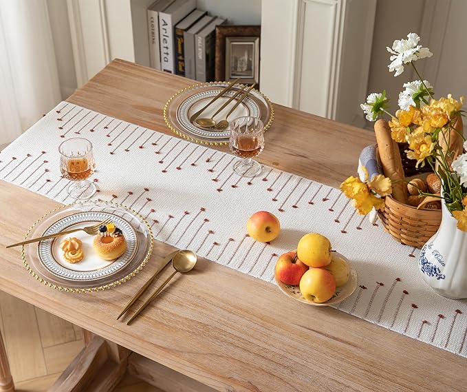 Caflife Boho Table Runner 13 x 108 Inch Long Natural Cotton Woven Runner with Tassels for Home Dining Table décor, for Modern Farmhouse Decor Coffee Table Runner, Rust and Beige