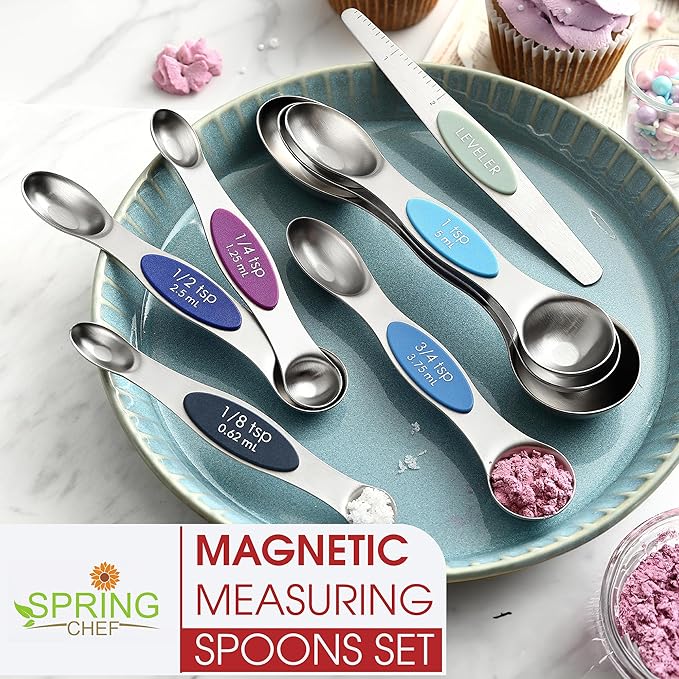 Spring Chef Stainless Steel Magnetic Measuring Spoons Set of 8 with Leveler, Dual Sided Metal Teaspoon & Tablespoon Measuring Spoons, Nesting Kitchen Gadgets for Baking & Cooking - Winter Frost