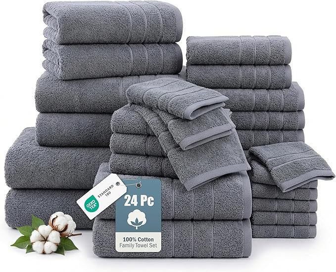 24-Piece Premium Towel Sets for Bathroom - 100% Cotton Bath Towels, 2 Bath Sheet, 2 Gym Towels, 2 Bath, 4 Fingertip, 6 Hand, 8 Washcloth, Hotel & Spa-Quality Design, Soft, Easy to Wash – Cool Grey