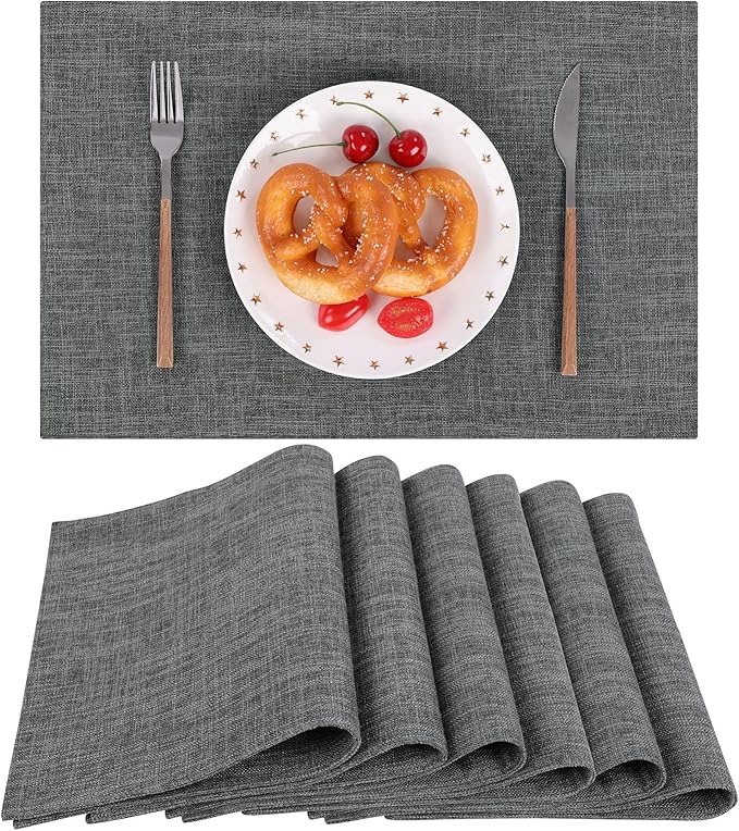 SHACOS Washable Cloth Placemats Set of 6 Fabric Place Mats Double Layered Thick Faux Linen Placemat Non Slip Reversible Table Mats Home Wedding Table Decor, Dark Grey