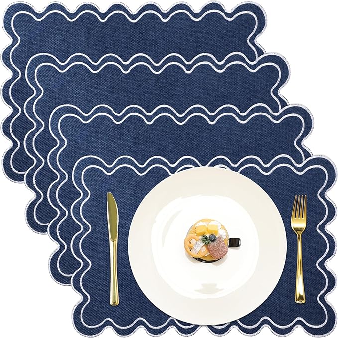Set of 4 Cotton Linen Placemats, 13x19 Inch Scalloped Wavy Embroidery Placemat Double Layered Washable Rustic Rectangle Dinner Table Mats for Kitchen Wedding Home Party Decor(Navy Blue)