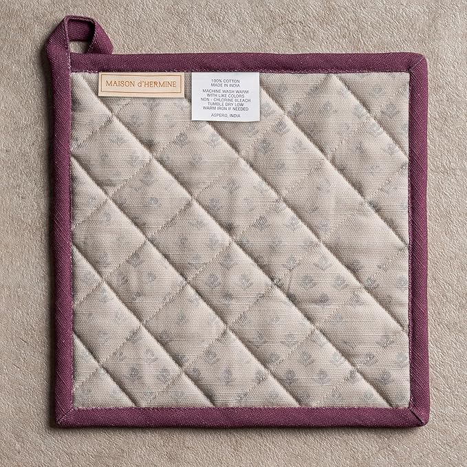 Maison d' Hermine Pot Holders 100% Cotton Heat Resistant Potholders 8" x 8" Hot Pads with Loop BBQ Cooking Baking Gifts for Mothers Day Handling Hot Pans Spring/Summer (Pack of 2, Fanny Lavender)