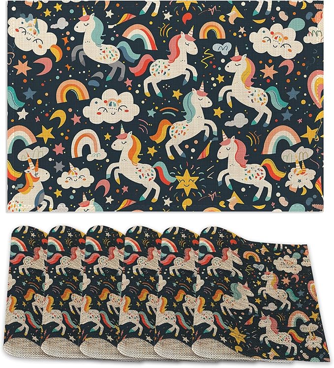6 Pcs Placemats,Cute Unicorn Placemats,Color Rainbow Table Mats Washable Recyclable Table Placemat for Indoor Outdoor Heat Resistant Kitchen Dining 12"x18"