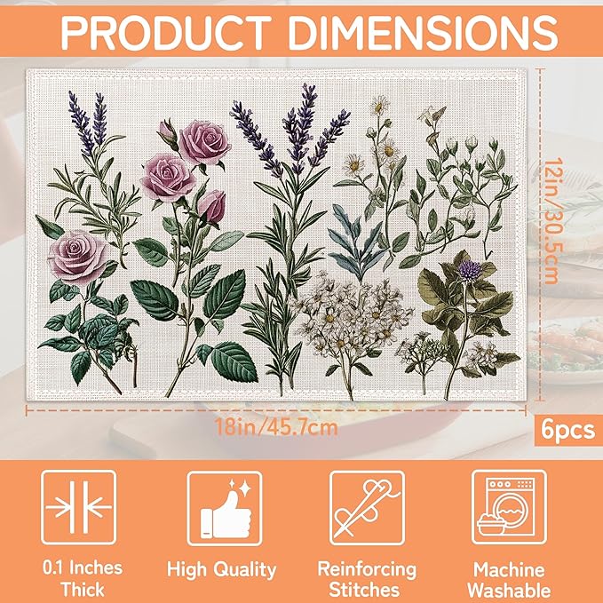 Vintage Flower Placemats Set of 6,Herb Plants Dinner Table Mats Non-Slip Washable Mats for Kitchen Dinner Party Tablemat 12x18Inch