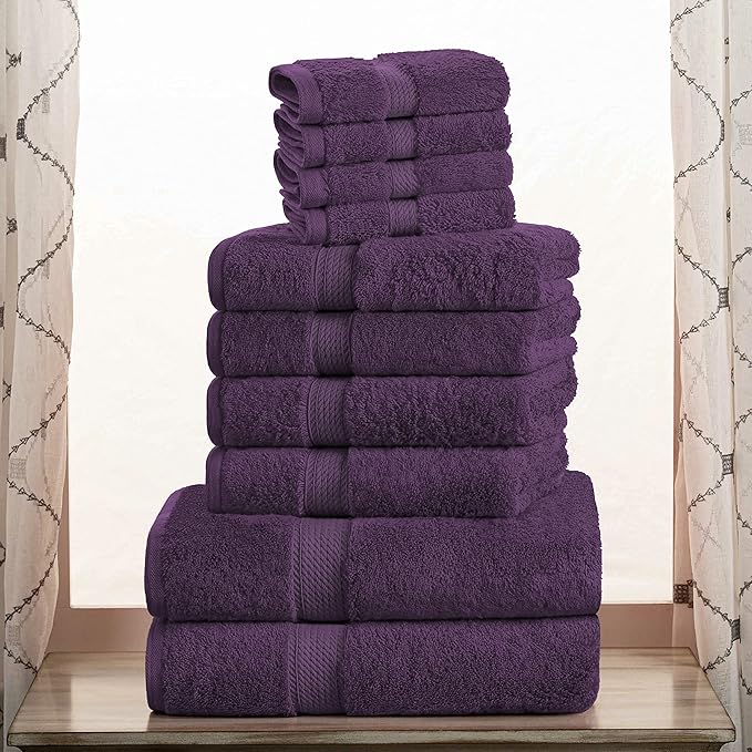 SUPERIOR Egyptian Cotton Pile 10 Piece Towel Set, Includes 2 Bath, 4 Hand, 4 Face Towels/Washcloths, Ultra Soft Luxury Towels, Thick Plush Essentials, Guest Bath, Spa, Hotel Bathroom, Plum