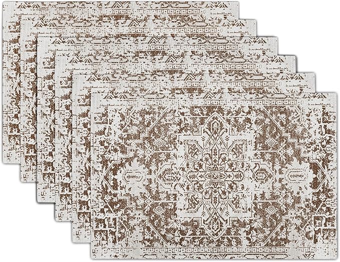 aportt Gray Brown Boho Placemats Set of 6 Ethnic Bohemian Carpet Place Mats Washable Kitchen Dining Vintage Grey Geography Floral Linen Table Mats Stain Heat-Resistant for Home Party Indoor 12x18 in