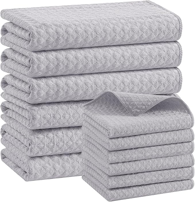Homaxy Microfiber Waffle Weave Kitchen Towels Set, 16 x 28 Inch and 12 x 12 Inch Ultra Absorbent and Solid Color Dish Towels, 12 Pack, Grey
