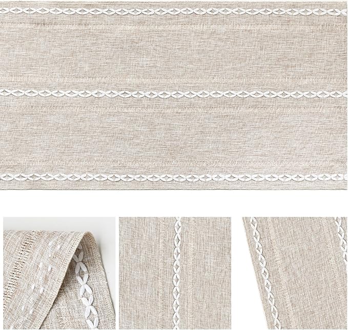 Artoid Mode Brown Rustic Cotton Linen Table Runner, Seasonal Embroidered Hollow Kitchen Dining Table Decoration for Home Party Decor 13x36 Inch
