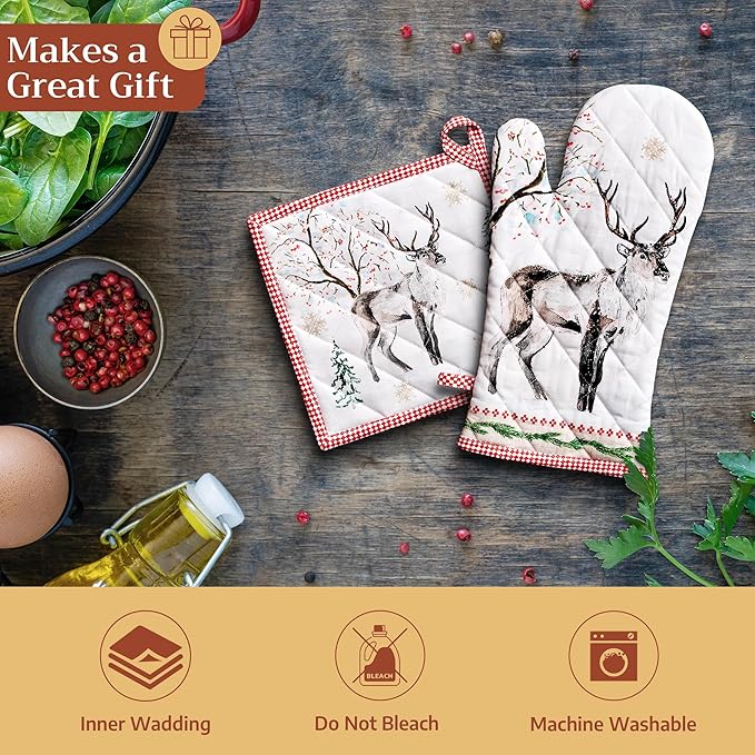 Maison d' Hermine Oven Gloves 100% Cotton Oven Mitt 7" x 13" with Loop Heat Resistant BBQ Cooking Gloves for Thanksgiving Christmas Decorations Baking Handling Hot Pans (Pack of 1, Rural Christmas)