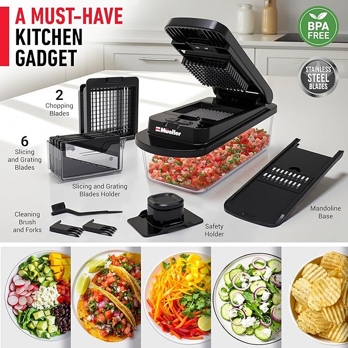 Mueller Pro-Series 10-in-1, 8 Blade Vegetable Chopper, Mandoline Slicer, Onion Mincer, Cutter, Dicer, Veggie Chopper with Container, Kitchen Essentials & Gadgets, House Warming Gifts New Home, Black