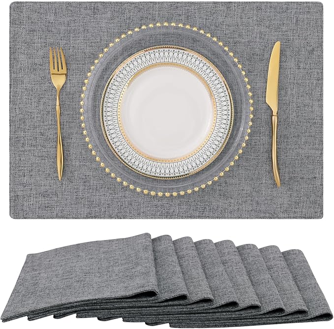 homing Cotton Linen Placemats Set of 8, Cloth Washable Farmhouse Dining Table Mats for Indoors & Outdoors, Easy to Clean, Dark Grey, 13 x 19 Inch