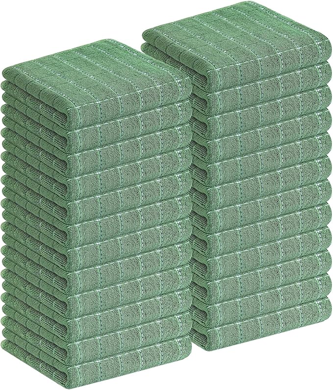 Homaxy 100% Cotton Terry Kitchen Towels(Grass Green, 13 x 28 inches), Checkered Designed, Soft and Super Absorbent Dish Towels, 24 Pack