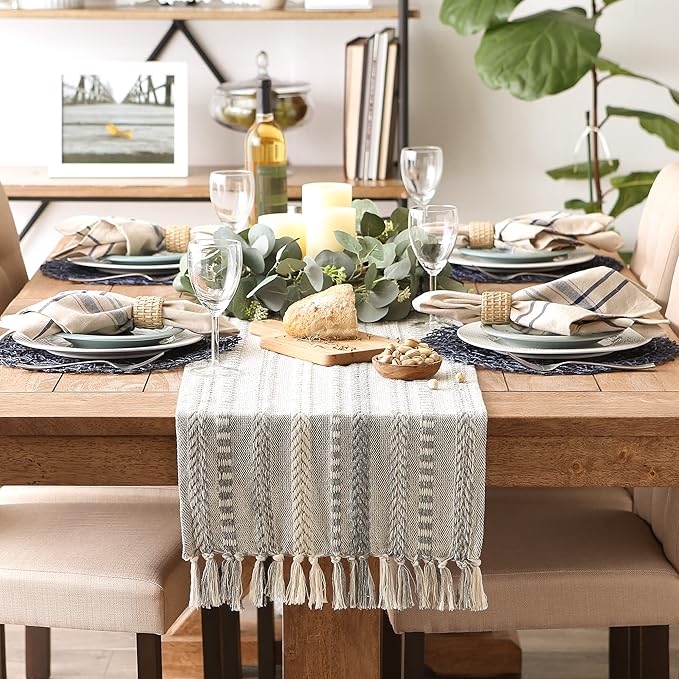 DII Farmhouse Braided Stripe Table Runner Collection, 15x72 (15x77, Fringe Included), Cool Gray