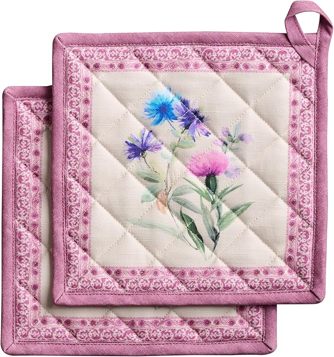 Maison d' Hermine Pot Holders 100% Cotton Heat Resistant Potholders 8" x 8" Hot Pads with Loop BBQ Cooking Baking Gifts for Mothers Day Handling Hot Pans Spring/Summer (Pack of 2, Chardon)