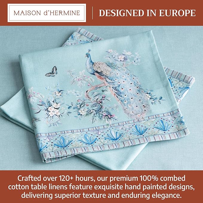 Maison d' Hermine Napkin 100% Combed Cotton Premium Set of 4 Decorative Washable Table Cloth Napkins for Dining, Home, Wedding, Banquet, Peacock Utopia - Pastel Turquoise (20”x20”)