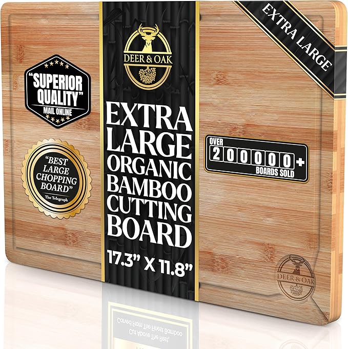 Deer & Oak Premium Extra Large Bamboo Cutting Board - 17.3" x 11.8" x 0.8" Wooden Chopping Board for Meat and Vegetables, Pre-Oiled, Water Resistant, Knife Friendly