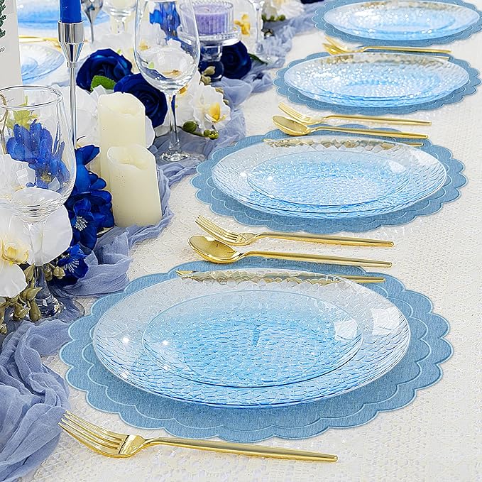 Set of 6 Blue Cotton Linen Placemats, 15x15 Scalloped Flower Embroidery Cloth Table Mats Double Layered Fabric Machine Washable Wrinkle Free Dining Placemat for Hotel Restaurant Kitchen Decor