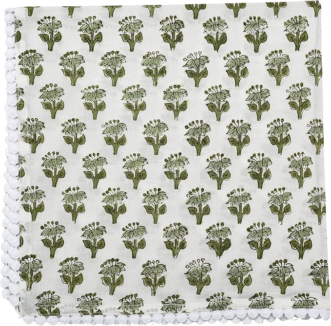 CPC Cloth Napkins 100% Cotton Set of 4 Reusable Napkins, Indian Block Print Toile Floral Dinner Napkin, Fall Thanksgiving Christmas Holiday Party Gift - Soft Absorbent Napkin, 18"x18" Mix Pom Pom