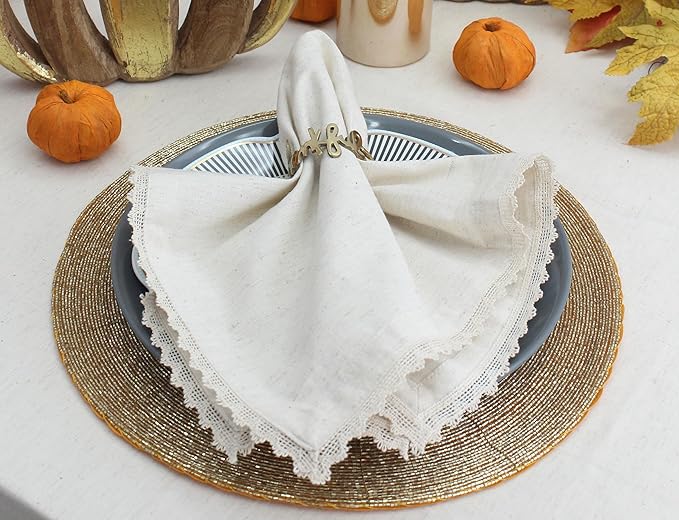 COTTON CRAFT Flax Linen Cloth Napkins with Lace - Set of 12 Lunch Dinner Napkins - Elegant Everyday Fall Harvest Thanksgiving Holiday Table Napkin - Washable Reusable Napkin - Oversized 20x20- Natural