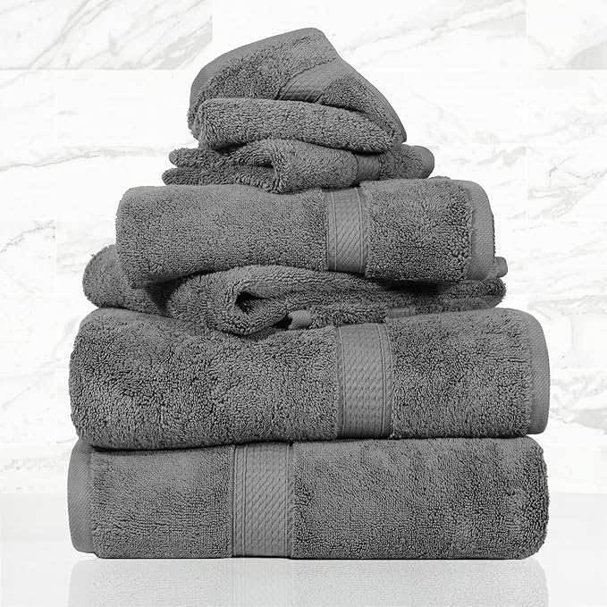 SUPERIOR Egyptian Cotton Pile 6 Piece Towel Set, Includes 2 Bath, 2 Hand, 2 Face Towels/Washcloths, Ultra Soft Luxury Towels, Thick Plush Essentials, Guest Bath, Spa, Hotel Bathroom, Charcoal