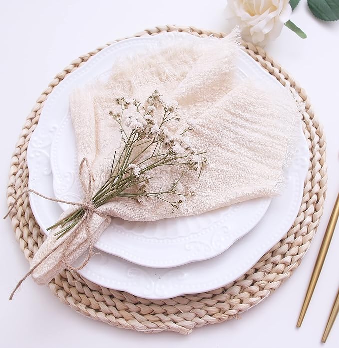 Fall Cloth Napkins with Fringe Set of 12,100% Soft Cotton,Washable Gauze Napkins Great for Weddings Decorative,Dinner Parties,Family Everyday Use (12 Pack, Beige)