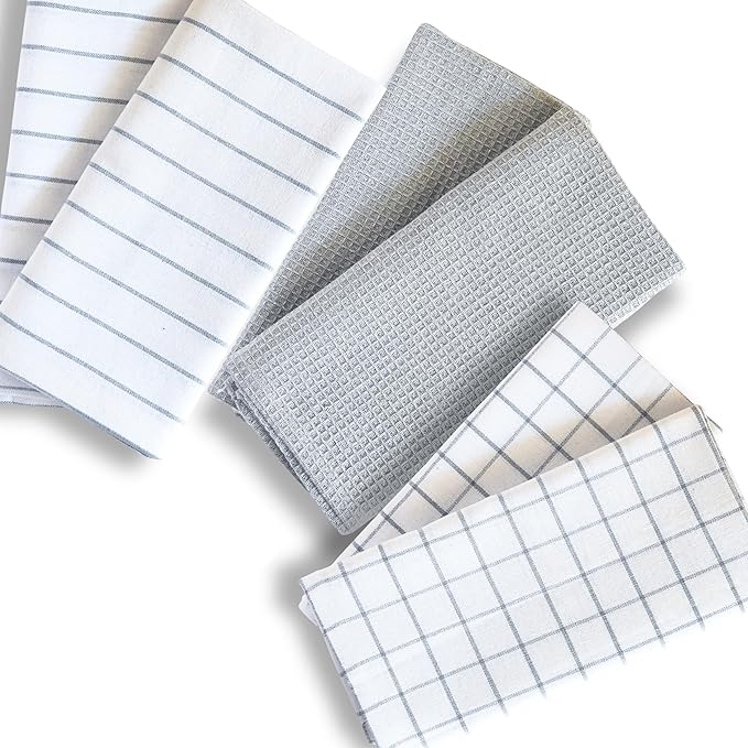 Cotton Dish Towels For Kitchen Drying - Highly Absorbent Wide Light Gray Striped Plaid Tea Towels - 18"X28" Set Of 6 Farmhouse Linen Dishtowels In Bulk - Pano De Prato Para Cozinha - T Towles Towls