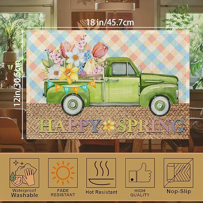 Pink Blue Truck Flowers Placemats,Happy Spring Table Mats Set of 6,12x18 Inch,Waterproof Oil-Proof Washable and Reusable Linen placemats Holiday Party Kitchen Table Decorations