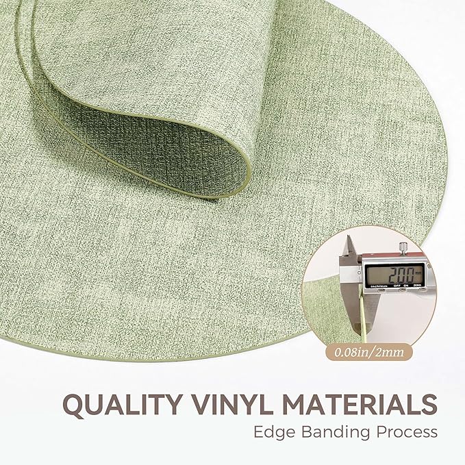 13" Round Placemats Set of 12, Reversible Faux Leather Heat Resistant Table Mats, 100% Waterproof Oilproof Wipeable Table Protective Placemats for Vinyl, Washable for Indoor (12, Light Green)