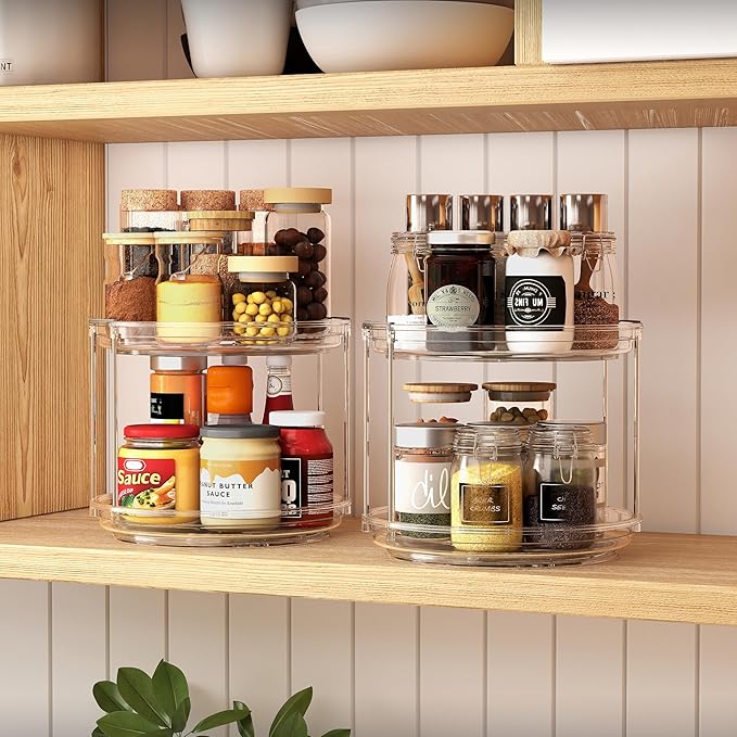 2 Tier Lazy Susan Turntable Organizer 9.25 inch, Rotating Spice Rack Organization for Cabinet, Bathroom, Pantry, Countertop, Kitchen, Vanity, Medicine Cabinet Organizer, Clear